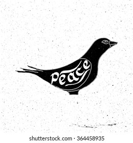 Hand drawn dove with the inscription peace in grunge style, can be used as a print on a t-shirt, textile, background
