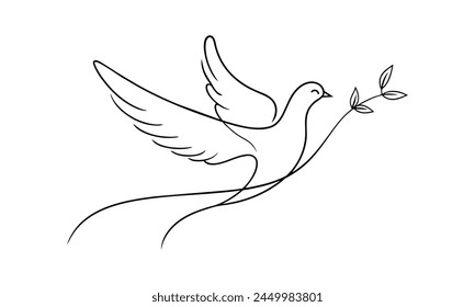 Hand drawn dove of peace flying one line continuous line art vector illustration on white background.