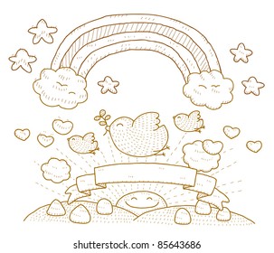 Hand Drawn Dove,cloud,rainbow And Simply Peace