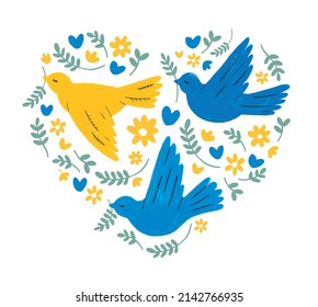 Hand drawn doves of peace in blue and yellow colors. Cute heart shaped illustration.