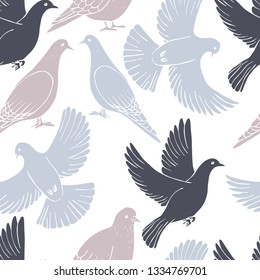 Hand drawn doves.  Vector  seamless pattern