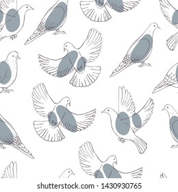 Hand drawn doves.  Vector  seamless pattern