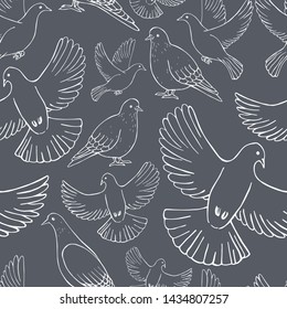 Hand drawn doves.  Vector  seamless pattern