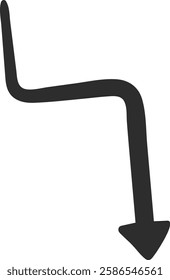 Hand drawn down arrow featuring a squiggly line, pointing downwards in a simple and minimalistic vector illustration set against a clean white background