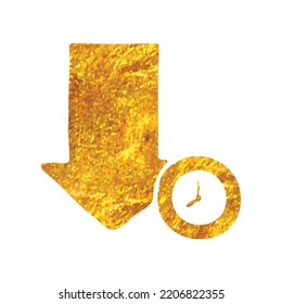 Dibujo manual Flecha de descarga con icono de reloj en ilustración vectorial de textura de lámina dorada