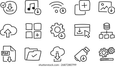 Conjunto de ícones desenhados à mão para download e armazenamento na nuvem - transferência de dados, compartilhamento de arquivos e símbolos de esboço de rede