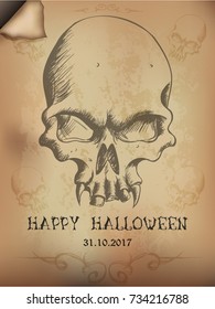 Hand drawn dracula skull on old paper.
