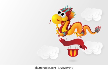 Hand drawn dragon balloon with cute clouds and red bow on a white background. Vector illustration.