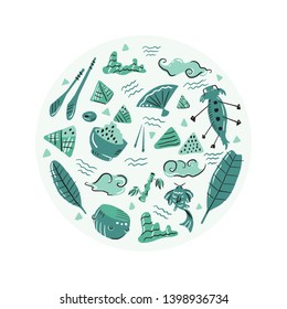 Hand drawn dragon boat festival composition. Vector clipart: rice dumplings, bamboo, chopsticks, koi fish, leaves, drum, waves, clouds and fan. Chinese holiday illustration. Scandinavian style print