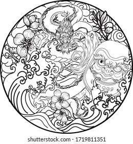 hand drawn Dragon and daruma doll tattoo ,coloring book japanese style.Traditional Asian tattoo dragon vector. suitable for t-shirt, sticker,and so on.Tattoo art highly detailed in line art style.