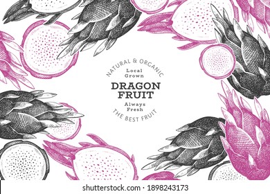 Handgezeichnete Drachenfrucht-Designvorlage. Bio-frische Lebensmittel, Vektorgrafik. Retro Pitaya Obstbanner.
