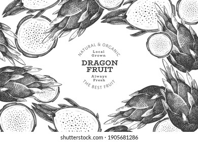 Plantilla de diseño de fruta de dragón dibujada a mano. Ilustración vectorial de alimentos frescos orgánicos. Pancarta de fruta retro pitaya.