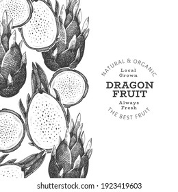 Plantilla de diseño de fruta de dragón dibujada a mano. Ilustración vectorial de alimentos frescos orgánicos. Pancarta de fruta retro pitaya.