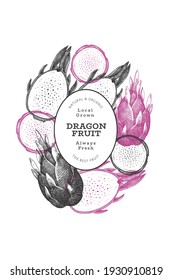 Plantilla de diseño de fruta de dragón dibujada a mano. Ilustración vectorial de alimentos frescos orgánicos. Pancarta de fruta retro pitaya.