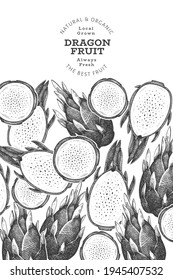 Handgezeichnete Drachenfrucht-Designvorlage. Bio-frische Lebensmittel, Vektorgrafik. Retro Pitaya Obstbanner.