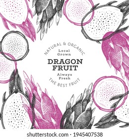 Plantilla de diseño de fruta de dragón dibujada a mano. Ilustración vectorial de alimentos frescos orgánicos. Pancarta de fruta retro pitaya.