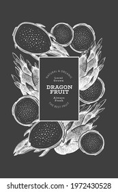 Hand drawn dragon fruit design template. Organic fresh food vector illustration on chalk board. Retro pitaya fruit banner.