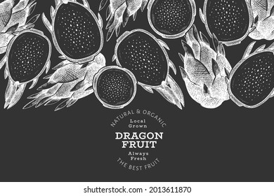 Hand drawn dragon fruit design template. Organic fresh food vector illustration on chalk board. Retro pitaya fruit banner.