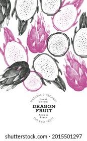 Handgezeichnete Drachenfrucht-Designvorlage. Bio-frische Lebensmittel, Vektorgrafik. Retro Pitaya Obstbanner.