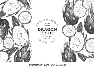 Hand drawn dragon fruit design template. Organic fresh food vector illustration. Retro pitaya fruit banner.