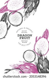 Plantilla de diseño de fruta de dragón dibujada a mano. Ilustración vectorial de alimentos frescos orgánicos. Pancarta de fruta retro pitaya.