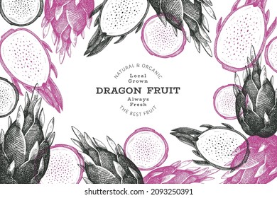 Plantilla de diseño de fruta de dragón dibujada a mano. Ilustración vectorial de alimentos frescos orgánicos. Pancarta de fruta retro pitaya.