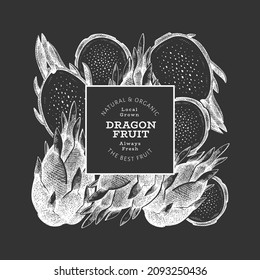 Plantilla de diseño de fruta de dragón dibujada a mano. Ilustración vectorial de alimentos frescos orgánicos en pizarra de tiza. Pancarta de fruta retro pitaya.