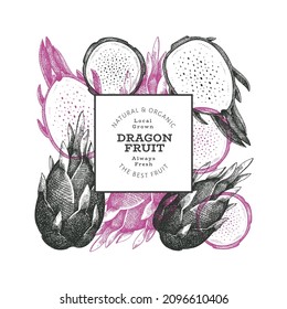 Hand drawn dragon fruit design template. Organic fresh food vector illustration. Retro pitaya fruit banner.