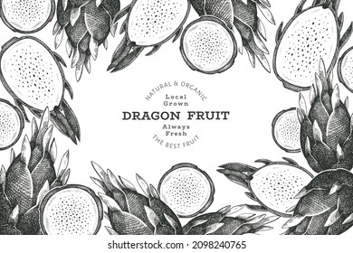 Handgezeichnete Drachenfrucht-Designvorlage. Bio-frische Lebensmittel, Vektorgrafik. Retro Pitaya Obstbanner.
