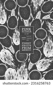 Hand drawn dragon fruit design template. Organic fresh food vector illustration on chalk board. Retro pitaya fruit banner.
