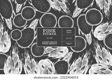 Hand drawn dragon fruit design template. Organic fresh food vector illustration on chalk board. Retro pitaya fruit banner.