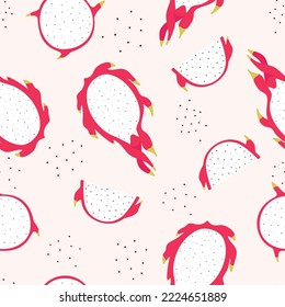 Hand drawn dragon fruit. Exotic seamless pattern. Tropical fruits. Bright pitahaya on a pink background. Colorful vector design.