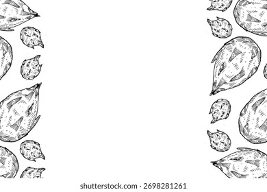 Marco de fruta de dragón dibujado a mano con espacio para texto. Fondo de la comida con la fruta exótica tropical. Marco de Vertical de pitahaya de dibujo de tinta para diseño de embalaje, tela, textil, papel de embalaje. Arte de Antiguas.