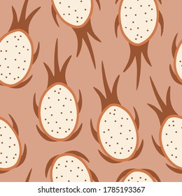 Hand drawn dragon fruit, seamless pattern for textile, fabric design. Contemporary art in pastel colors. Vector isolated illustration in flat cartoon style, on background. 