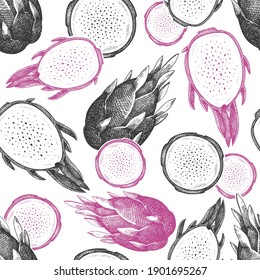Hand drawn dragon fruit seamless pattern. Organic fresh food vector illustration. Retro pitaya fruit background.