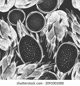 Hand drawn dragon fruit seamless pattern. Organic fresh food vector illustration on chalk board. Retro pitaya fruit background.