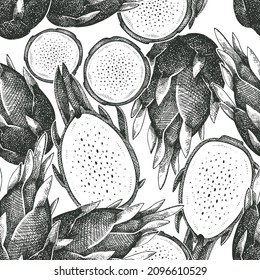 Hand drawn dragon fruit seamless pattern. Organic fresh food vector illustration. Retro pitaya fruit background.