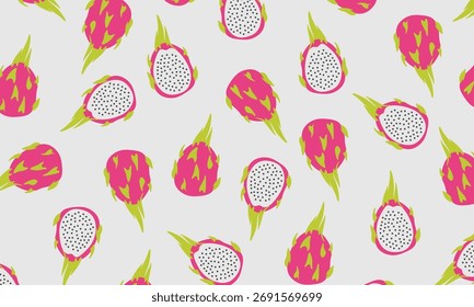 Dibujado a mano patrón de fruta de dragón sin fisuras con estilo doodle lindo. Patrón exótico de la fruta del dragón. Patrón divertido y colorido ideal para el verano, la comida orgánica y temas de estilo de vida saludable.
