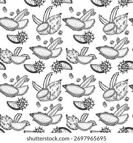 Dibujado a mano patrón de frutas de dragón. Describir el fondo de alimentos frescos. Patrón de verano de frutas tropicales para envolver, textiles, telas, páginas para colorear. Frutas exóticas estampado sin costuras en blanco y negro.