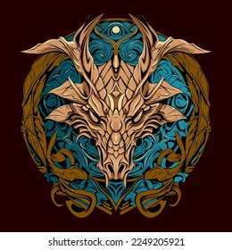Hand drawn dragon head illustration ornament frame for apparel tshirt design and poster