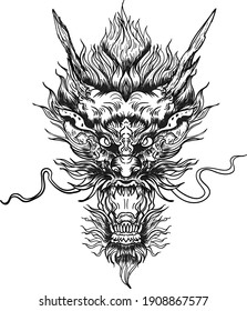 Hand drawn Dragon head isolate on whith background. Chinese lucky animai tattoo