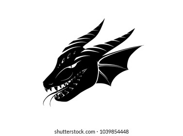 Hand drawn dragon head on white background. Vector dragon logo. Black dragon tattoo.  