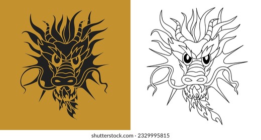 Hand Drawn Dragon Head silhouette. Chinese dragon new Year. Black and white Traditional Japanese dragon with fire. Cartoon style vector illustration.