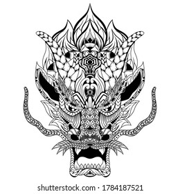 Hand drawn of dragon head in zentangle style