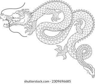 Hand drawn dragon isolated on white background. Vector illustration in retro style.
New Year greeting card material."辰 " is a Japanese Kanji character meaning "dragon".