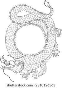 Hand drawn dragon isolated on white background. Vector illustration in retro style.
New Year greeting card material."辰 " is a Japanese Kanji character meaning "dragon".