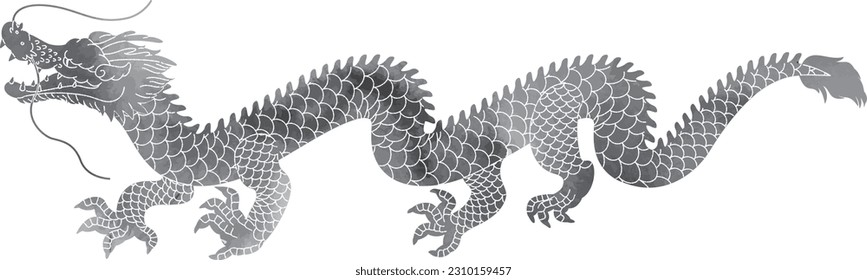 Hand drawn dragon isolated on white background. Vector illustration in retro style.
New Year greeting card material."辰 " is a Japanese Kanji character meaning "dragon".