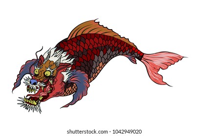 hand drawn Dragon koi fish, Japanese carp line drawing coloring book vector image.