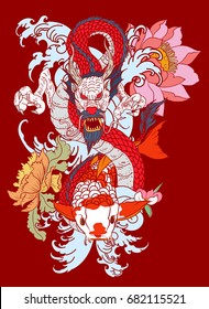 hand drawn Dragon and koi fish with flower tattoo for Arm, Japanese carp line drawing coloring book vector image.Dragon and koi fish fighting and water splash Japanese style.