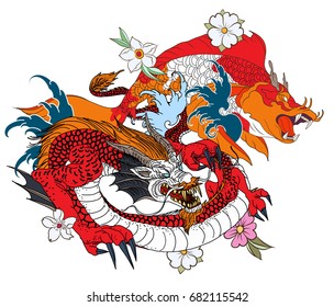 hand drawn Dragon and koi fish with flower tattoo for Arm, Japanese carp line drawing coloring book vector image.Dragon and koi fish fighting and water splash Japanese style.